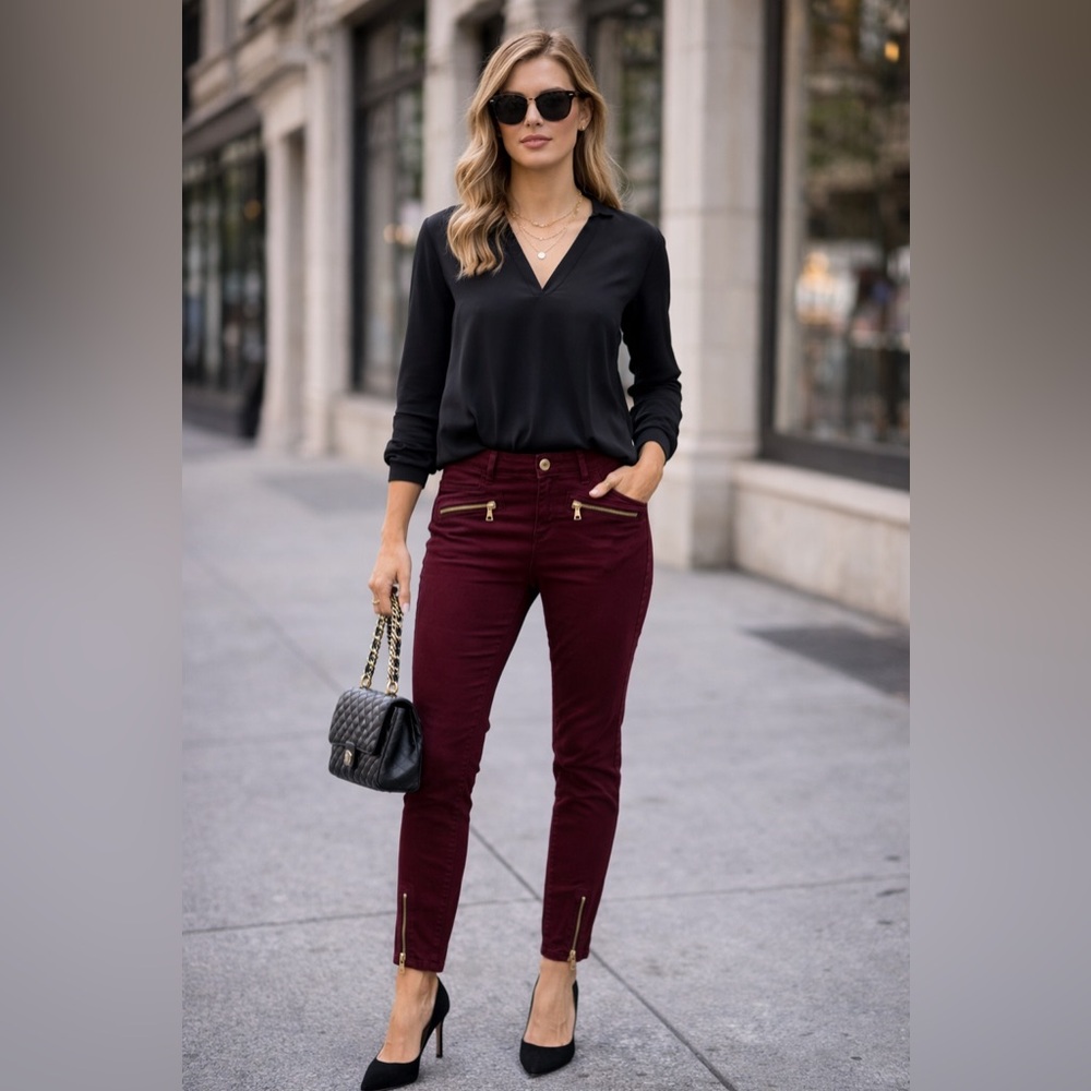 Loft Burgundy Skinny Pants with Zipper Accents